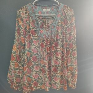 Natural Life boho Multicolor Floral Blouse with Teal Details